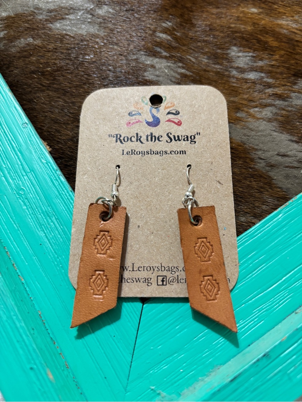 Tan Leather Geo-Stamped Dangle Earrings